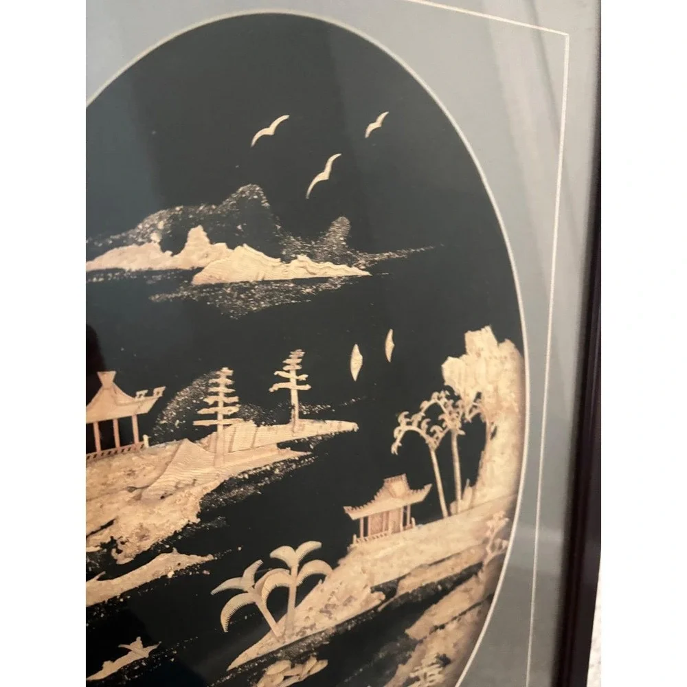 Vintage Asian Landscape Cork Art Framed Oval Scene‎ Pagoda Cranes Home Decor